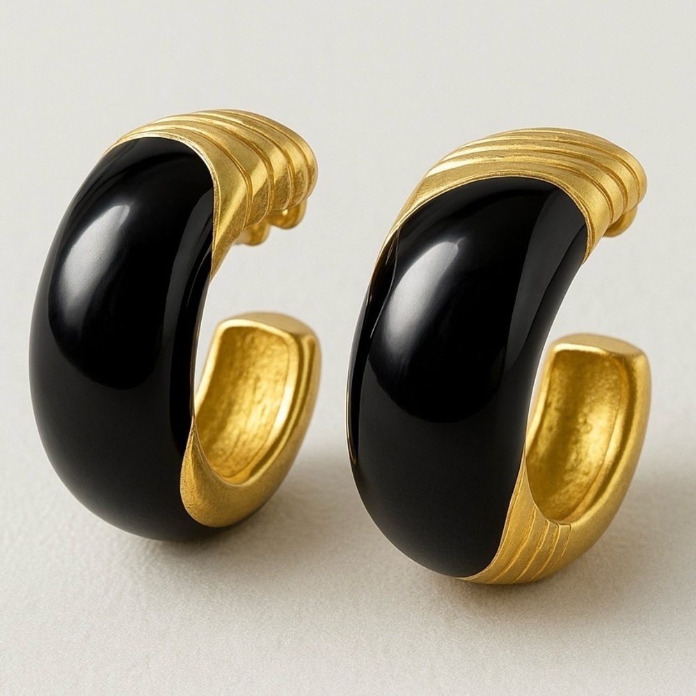 Gold and Black Enamel Vintage Huggie Earrings